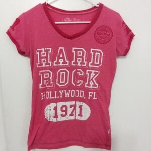 HARD ROCK HOLLYWOOD FL. LETS PLAY SHORT SLEEVE PINK JR Distressed T SHIRT SM